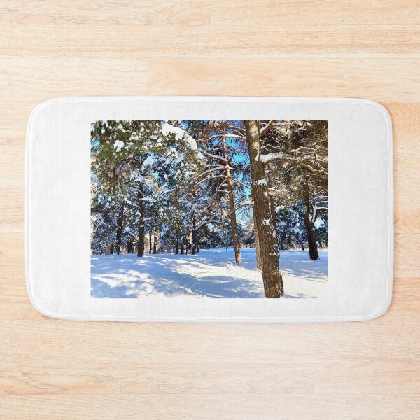 Item preview, Scene at the Sormovsky Park in Nizhny Novgorod with pine trees, foliage, trunks, snow and trail designed and sold by Kristina Drozd.