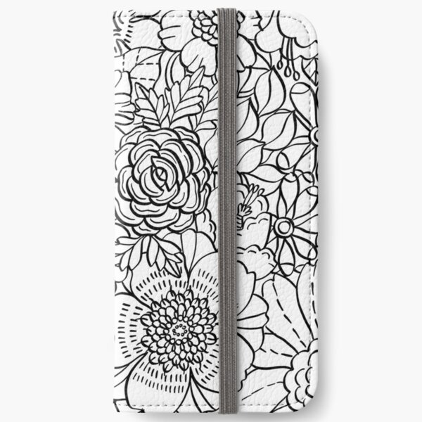 black line art flower drawing iPhone Wallet
