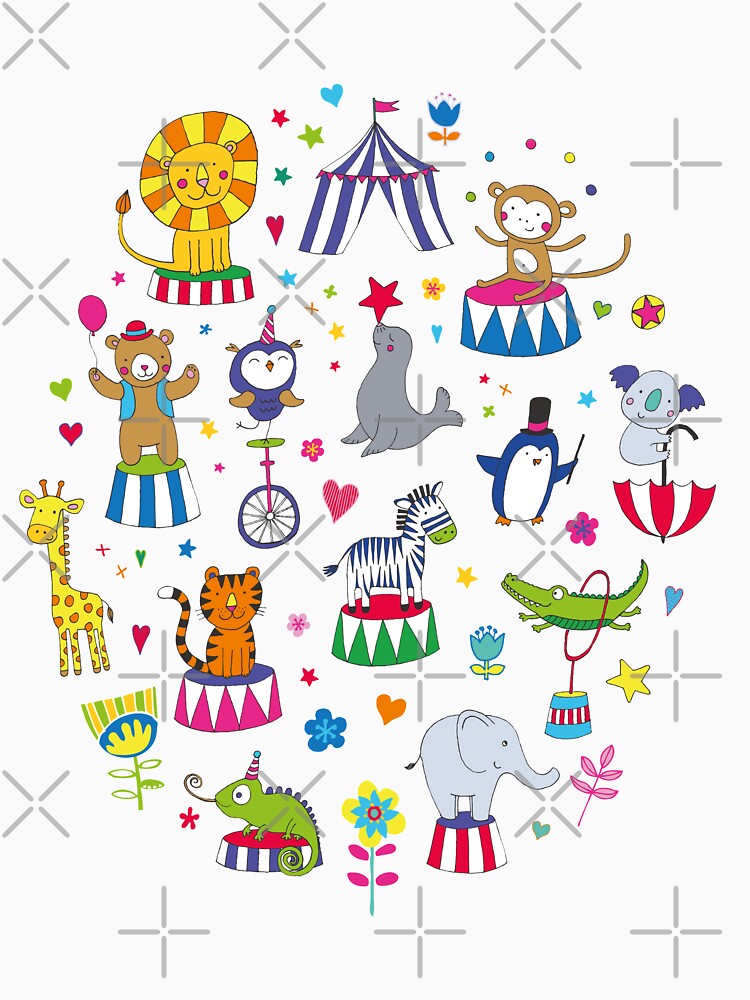 Thumbnail 7 of 7, Classic T-Shirt, Circus Animal Alphabet - multicoloured on sky blue - Cute animal pattern by Cecca Designs designed and sold by Cecca-Designs.