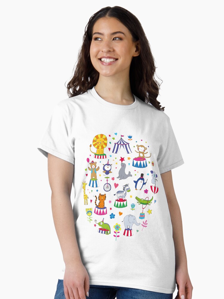 Thumbnail 2 of 7, Classic T-Shirt, Circus Animal Alphabet - multicoloured on sky blue - Cute animal pattern by Cecca Designs designed and sold by Cecca-Designs.