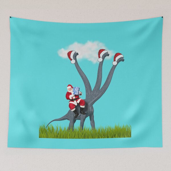 Item preview, Dinosaur Christmas with Santa Claus 13 (in blue) | 3-necked dinosaur | Merry Xmas designed and sold by CosmicStory.