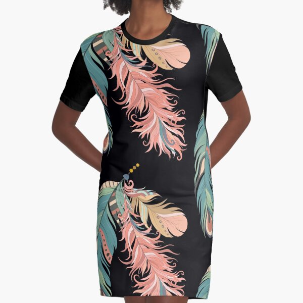 Triple Boho Feather Pattern Graphic T-Shirt Dress