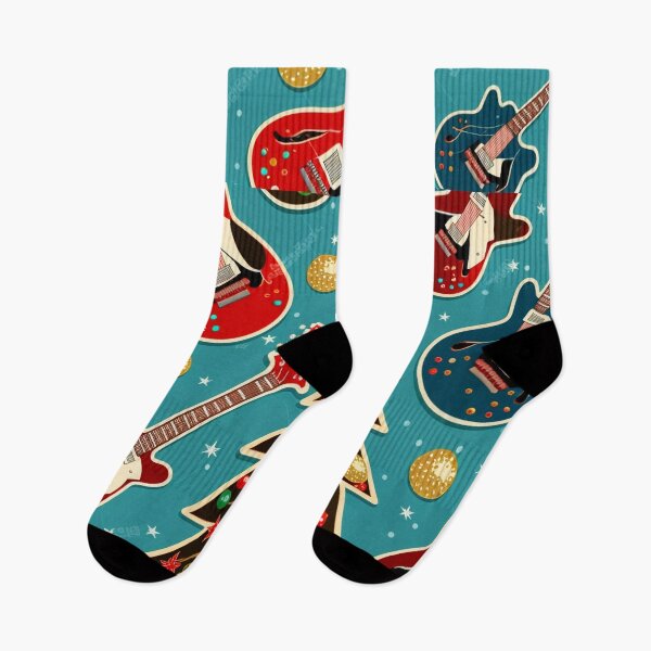 Artikelvorschau, ROCKIN UM DEN WEIHNACHTSBAUM UGLY CHRISTMAS SOCKS Midjourney AI Artwork entworfen und verkauft von davidjulie.