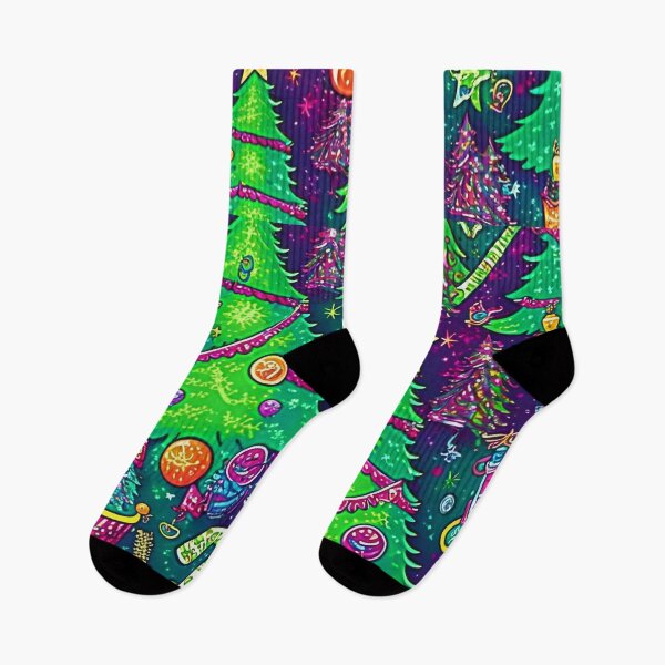 Item preview, ROCKIN AROUND THE CHRISTMAS TREE UGLY CHRISTMAS  SOCKS Midjourney AI Artwork designed and sold by davidjulie.