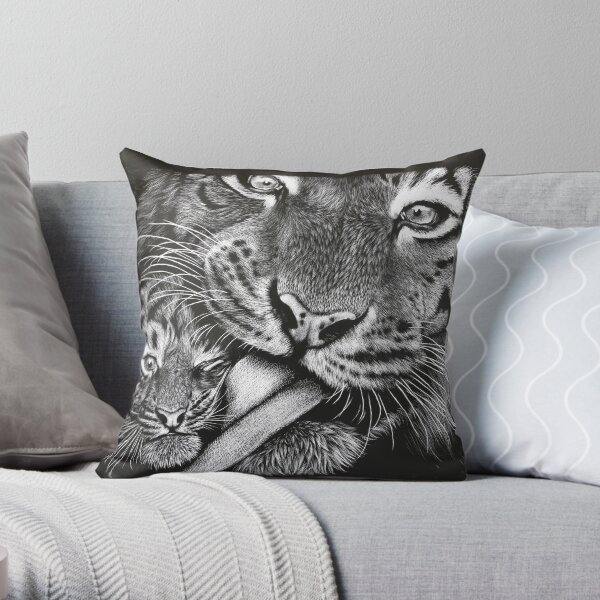 Tiger Mother and Cub Throw Pillow