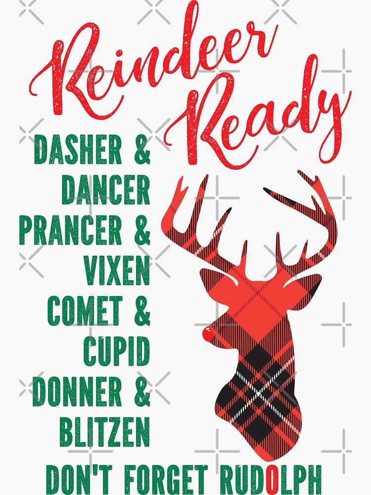 "'Reindeer Ready' Tartan Reindeer with Reindeer Names" Sticker for Sale