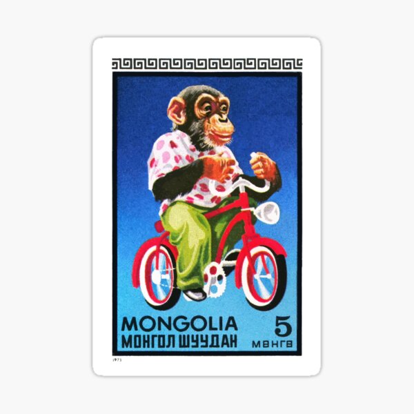 Aperçu de l'œuvre 1973 chimpanzé de Mongolie équitation vélo timbre-poste créée et vendue par retrographics.