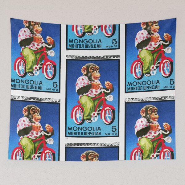 Item preview, 1973 Mongolia Chimpanzee Riding Bicycle Postage Stamp designed and sold by retrographics.