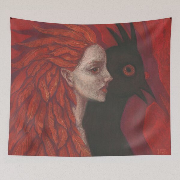 Item preview, Psychopomp, Redhead Woman, Black Bird, Surreal Fantasy Portrait,  designed and sold by Julia Khoroshikh.