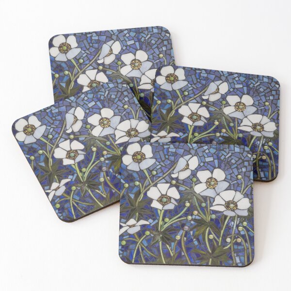 Item preview, Japanese anemones using stained glass on a blue background  designed and sold by suespaintroom.