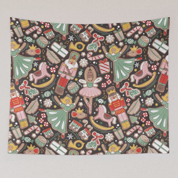 Item preview, Nutcracker ballet gingerbread delicious biscuits // dark brown background sage green pink and neon red sweet Christmas cookies designed and sold by SelmaCardoso.