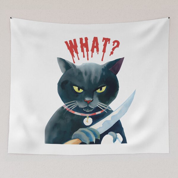 Item preview, Cat what? Funny watercolor vintage black cat with yellow eyes, murderous black cat with knife designed and sold by Artsareus.
