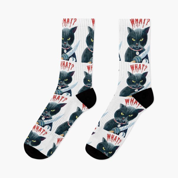 Item preview, Cat what? Funny watercolor vintage black cat with yellow eyes, murderous black cat with knife designed and sold by Artsareus.