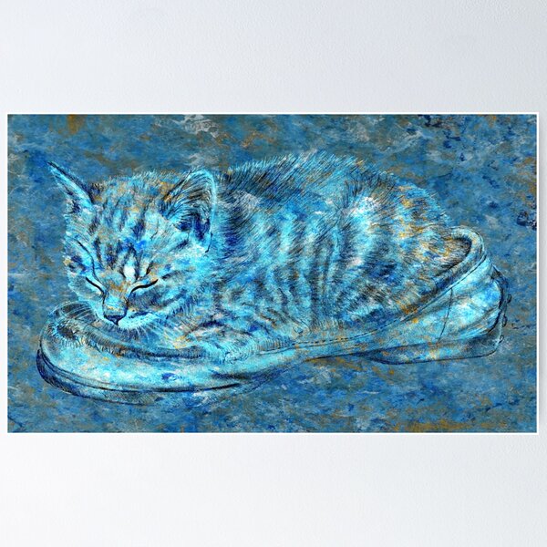 Item preview, Kitten sleeping in an old shoe - marbled blue gold version designed and sold by SylvieG18.