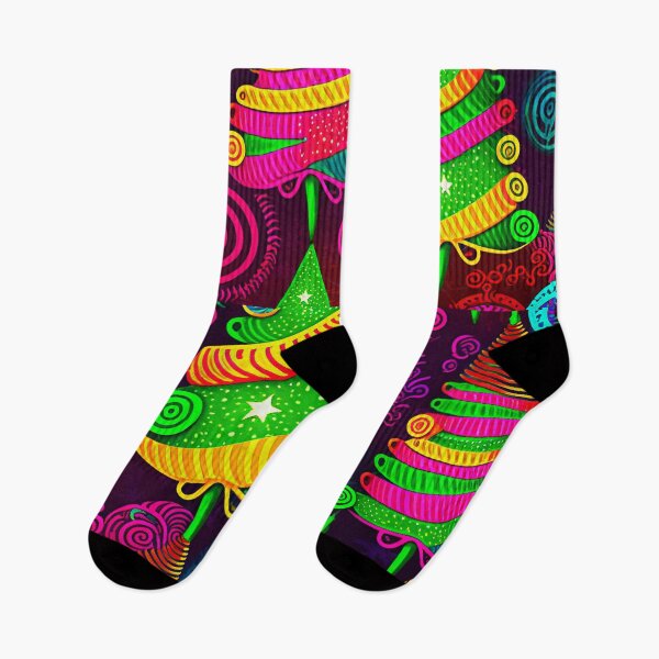 Item preview, ROCKIN AROUND THE CHRISTMAS TREE UGLY CHRISTMAS  SOCKS Midjourney AI Artwork designed and sold by davidjulie.