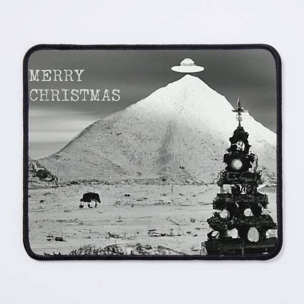 Item preview, Merry Christmas black and white photograph of an Xmas winter scene with Christmas tree and a flying saucer on a mountain generated by AI designed and sold by ADHDDESIGN.
