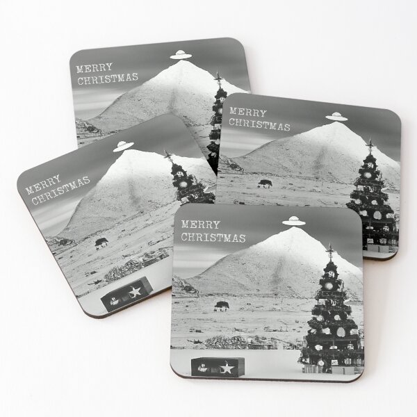 Item preview, Merry Christmas black and white photograph of an Xmas winter scene with Christmas tree and a flying saucer on a mountain generated by AI designed and sold by ADHDDESIGN.