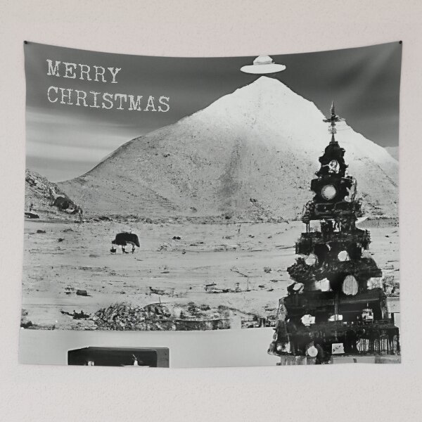 Item preview, Merry Christmas black and white photograph of an Xmas winter scene with Christmas tree and a flying saucer on a mountain generated by AI designed and sold by ADHDDESIGN.