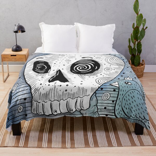 Skull and blue bird Throw Blanket