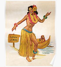 Pin up Hula girl welcomes you with her dog in small boat Poster