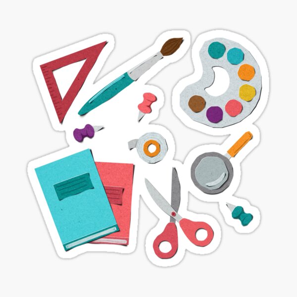 Item preview, 3D illustration. Set of cartoon school supplies for drawing in paper cut out and craft style. Children’s appliqué. designed and sold by RonaKurt.