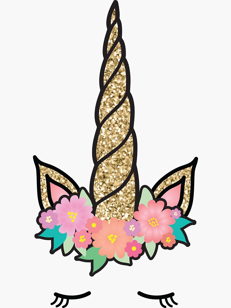 "Unicorn Gold Glitter Floral Flower Face" Sticker by BirdysBoutique