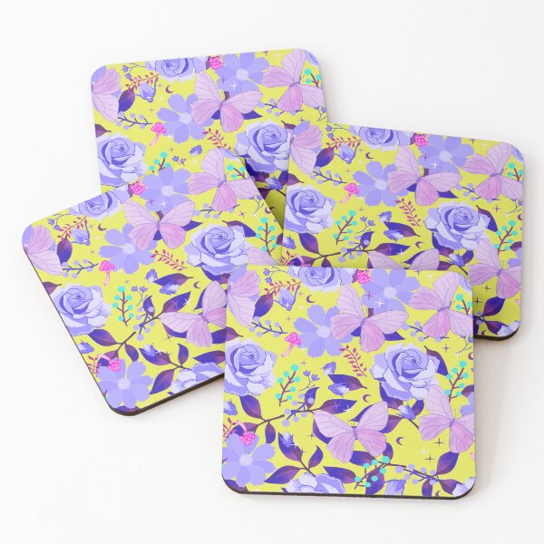Item preview, Purple Flora and Fauna Butterflies and Flowers on Chartreuse Yellow designed and sold by Cass Noel Studio.