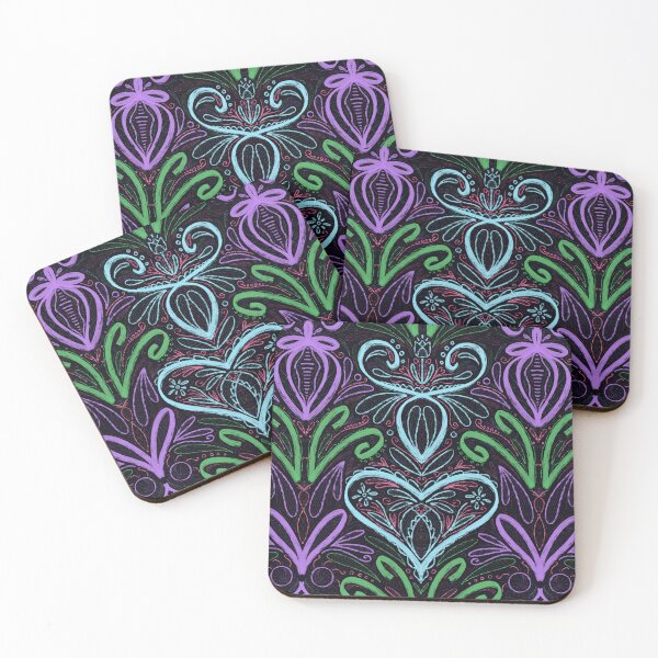 Item preview, Neon Sketchy Folklore floral ornament pastel colours chalk blackboard plants leaves heart tulip symmetrical designed and sold by marie-inks.