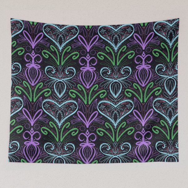 Item preview, Neon Sketchy Folklore floral ornament pastel colours chalk blackboard plants leaves heart tulip symmetrical designed and sold by marie-inks.