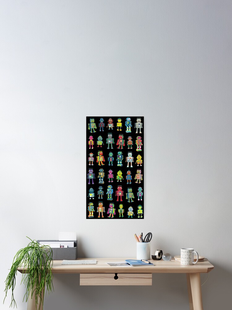 Thumbnail 2 of 3, Poster, Robot Line-up on Black - fun pattern by Cecca Designs designed and sold by Cecca-Designs.