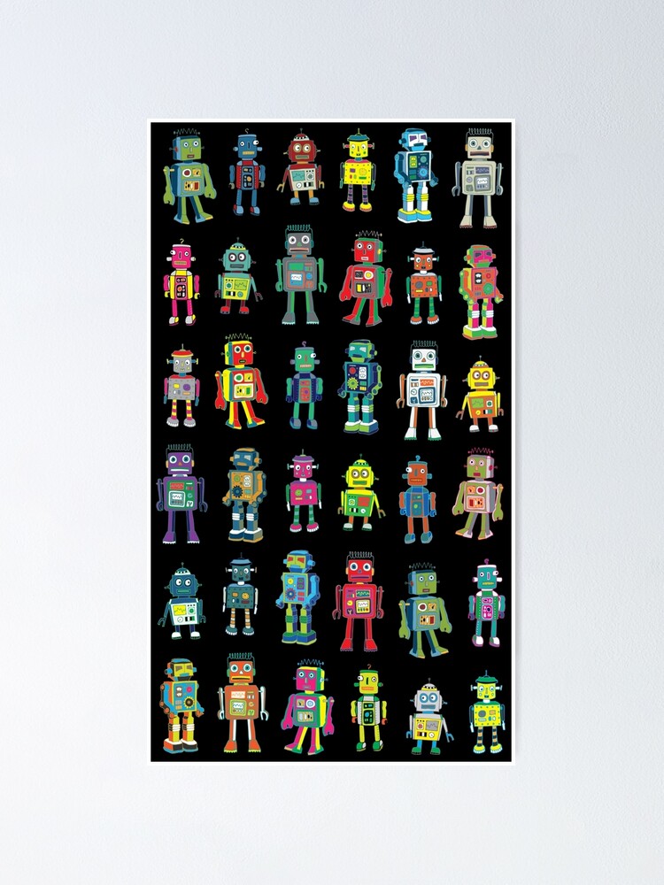 Thumbnail 1 of 3, Poster, Robot Line-up on Black - fun pattern by Cecca Designs designed and sold by Cecca-Designs.