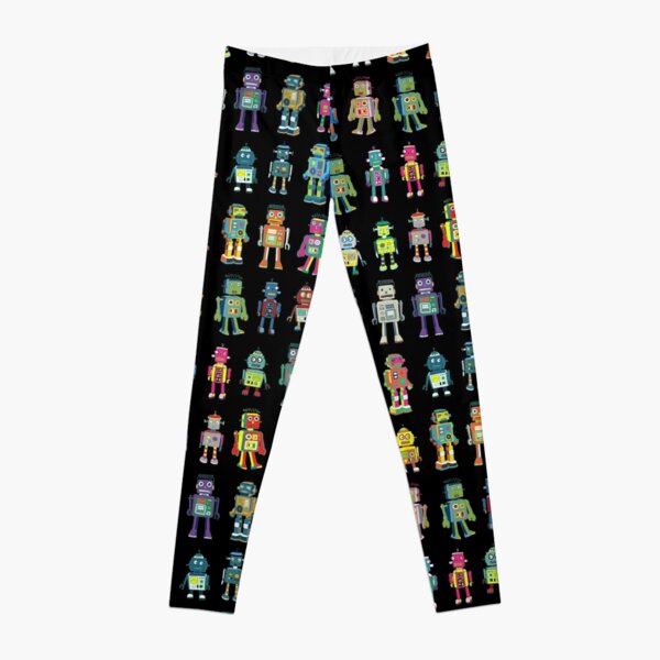Robot Line-up on Black - fun pattern by Cecca Designs Leggings