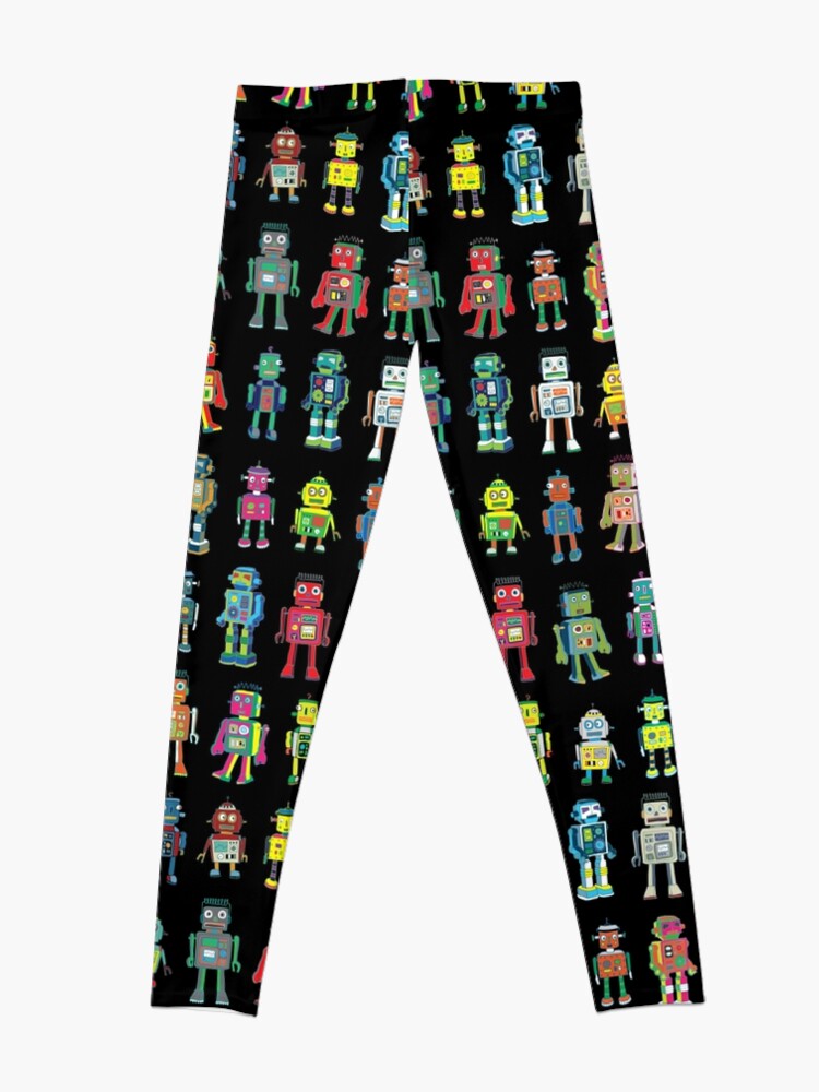 Alternate view of Robot Line-up on Black - fun pattern by Cecca Designs Leggings