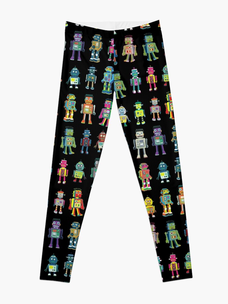 Alternate view of Robot Line-up on Black - fun pattern by Cecca Designs Leggings