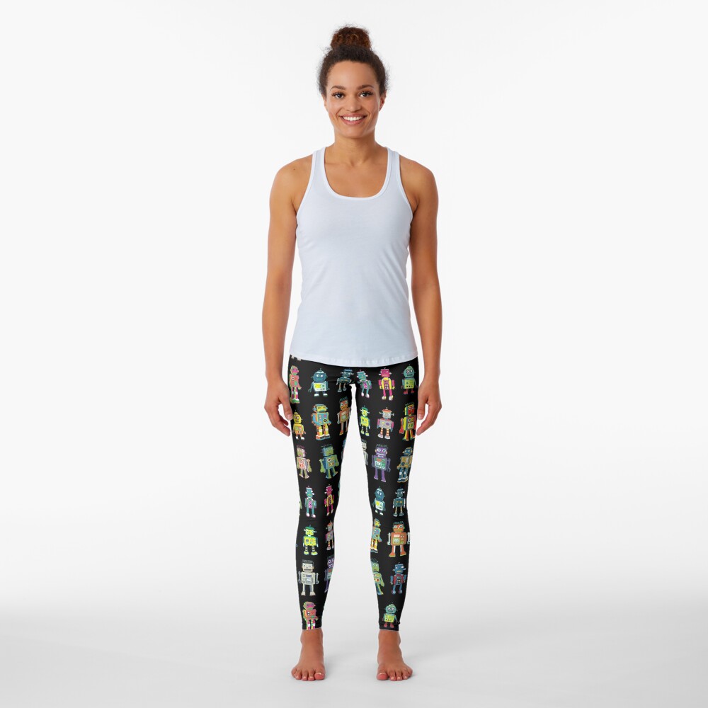 Robot Line-up on Black - fun pattern by Cecca Designs Leggings