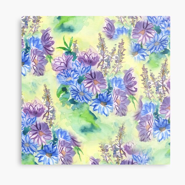 Watercolor Hand-Painted Purple Blue Daisies Daisy Flowers Metal Print