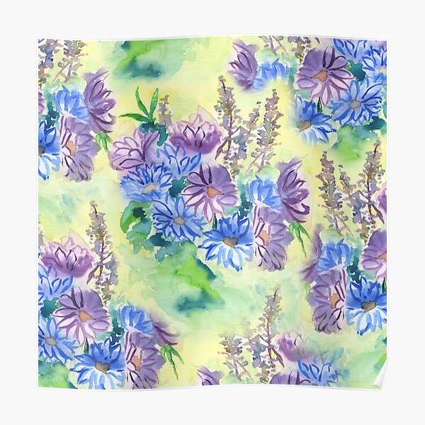 Watercolor Hand-Painted Purple Blue Daisies Daisy Flowers Poster