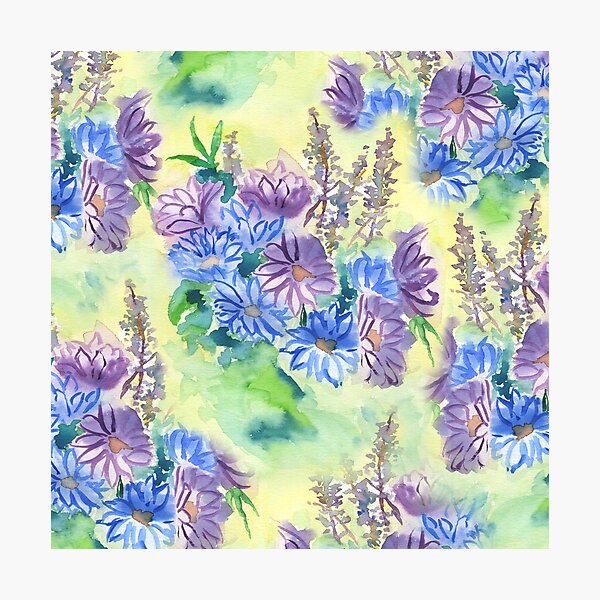 Watercolor Hand-Painted Purple Blue Daisies Daisy Flowers Photographic Print