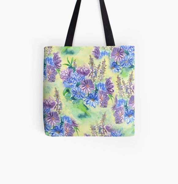 Watercolor Hand-Painted Purple Blue Daisies Daisy Flowers All Over Print Tote Bag