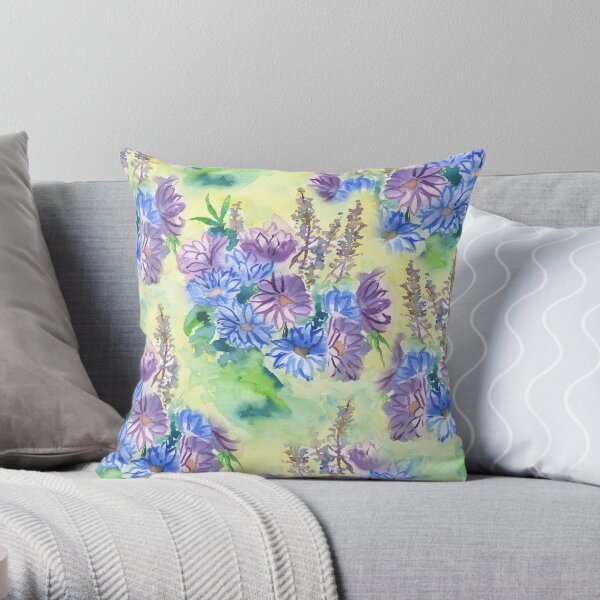 Watercolor Hand-Painted Purple Blue Daisies Daisy Flowers Throw Pillow