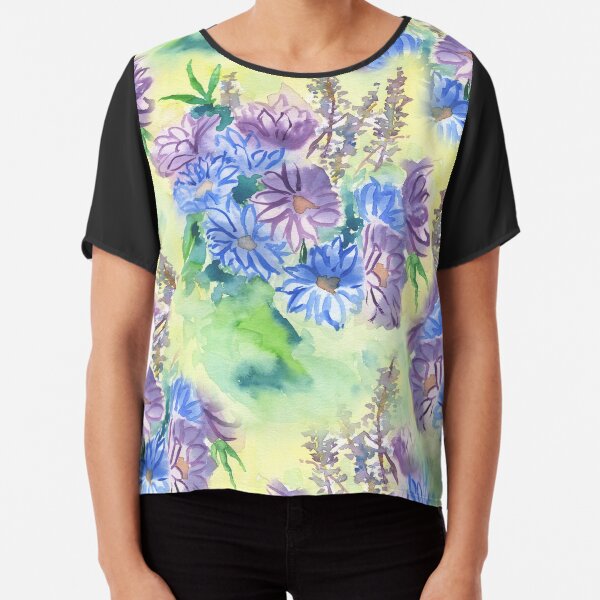 Watercolor Hand-Painted Purple Blue Daisies Daisy Flowers Chiffon Top