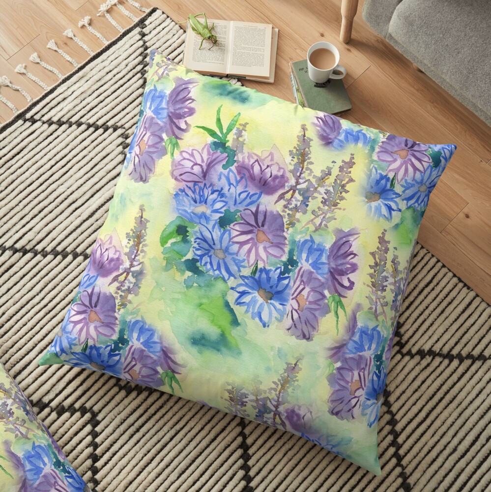 Watercolor Hand-Painted Purple Blue Daisies Daisy Flowers Floor Pillow