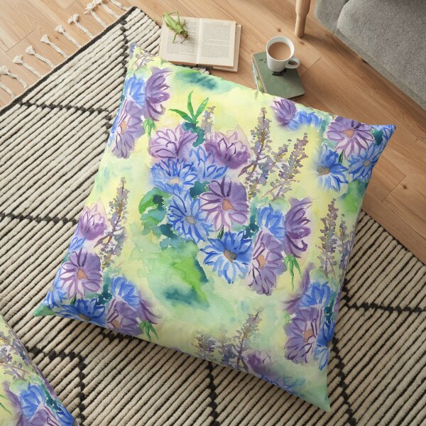 Watercolor Hand-Painted Purple Blue Daisies Daisy Flowers Floor Pillow