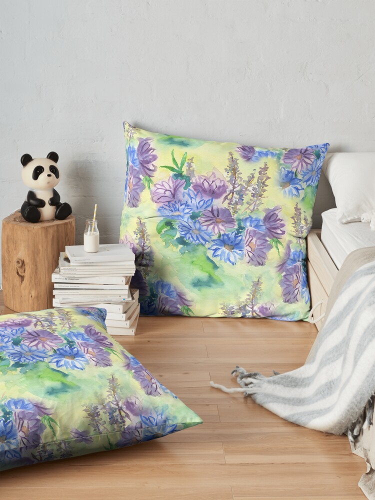Alternate view of Watercolor Hand-Painted Purple Blue Daisies Daisy Flowers Floor Pillow