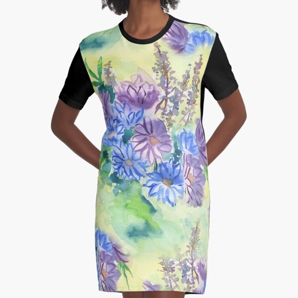 Watercolor Hand-Painted Purple Blue Daisies Daisy Flowers Graphic T-Shirt Dress