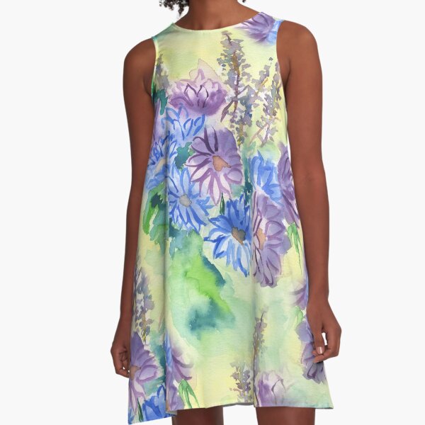 Watercolor Hand-Painted Purple Blue Daisies Daisy Flowers A-Line Dress