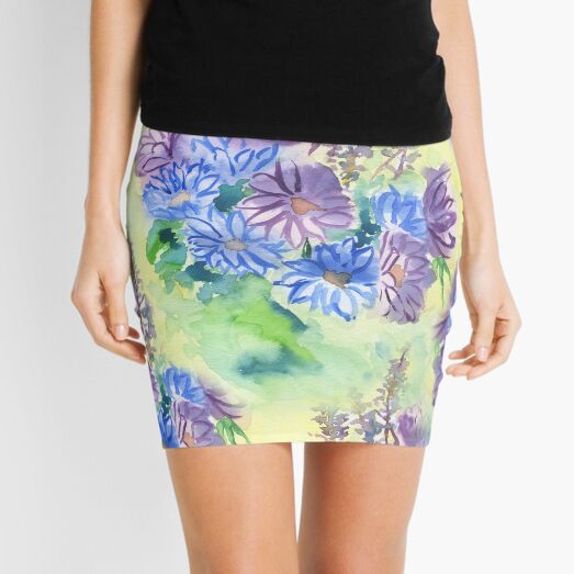 Watercolor Hand-Painted Purple Blue Daisies Daisy Flowers Mini Skirt