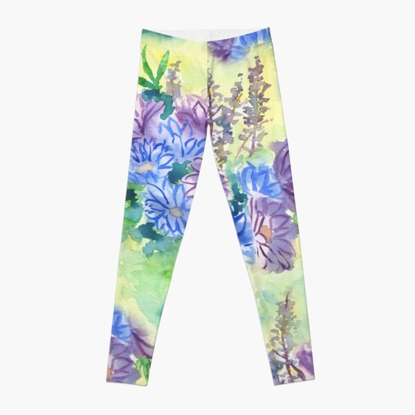 Watercolor Hand-Painted Purple Blue Daisies Daisy Flowers Leggings