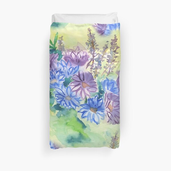 Watercolor Hand-Painted Purple Blue Daisies Daisy Flowers Duvet Cover