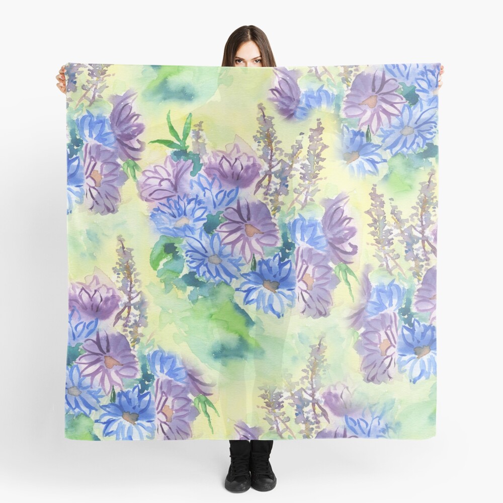 Watercolor Hand-Painted Purple Blue Daisies Daisy Flowers Scarf